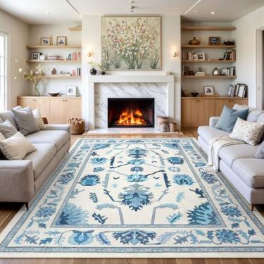 Imagem de Uphome Tapetes azuis 20 x 25 cm para sala de estar, tapete de oushak lavável para quarto, antiderrapante, tapetes florais orientais macios, tapete tradicional turco resistente a manchas para sala de