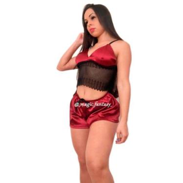 Imagem de Baby Doll Cropped Cetim Bojo Sem Renda - Magic Fantasy, G, Marsala