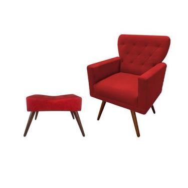 Imagem de Kit Poltrona Decorativa Aurora + 1 Puff Retangular Suede Vermelho Pés 