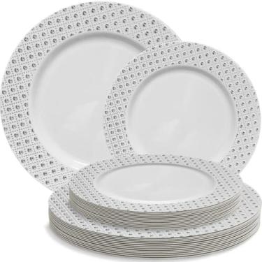 Imagem de Conjunto Combo Boxed | Branco e Prata | Embalado | Pacote de: 20 pratos de jantar - 25,4 cm e 20 pratos de salada - 17,78 cm