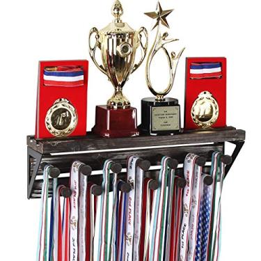 Imagem de Prateleira de exibição de troféu rústica J JackCube Design com ganchos de medalha, prateleira de exibição de parede com 13 ganchos para medalhas esportivas de troféus – MK670A