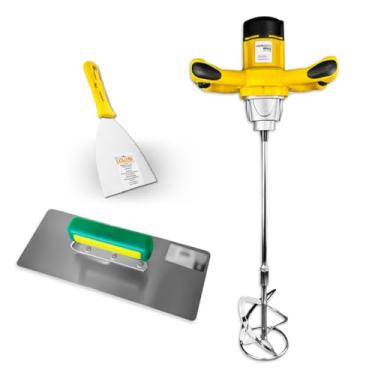 Imagem de Misturador 1600w Para Tinta Gesso Argamassa Cimento + Desempenadeira Galo113/01 + Espátula Inoxidável Evolution 10 cm (4") Profissional Kit - 220V
