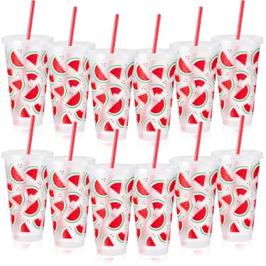 Imagem de SiliFine 12 copos de plástico para melancia, copo reutilizável de 680 g com tampa e palha, decorações de festa de melancia, presentes para lembrancinhas de festa de verão, artigos de aniversário