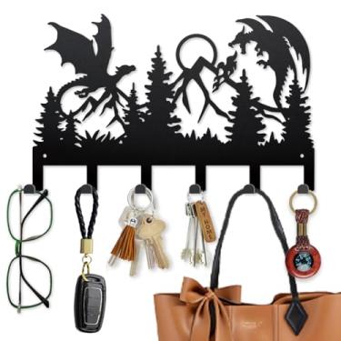 Imagem de MAYJOYDIY Cabide duplo de dragão, batalha, metal, chaveiro, montanha, floresta, montado na parede, 15,7 × 9,20 cm, suporte organizador de chaves, com 6 ganchos para presente, casacos, chapéus,