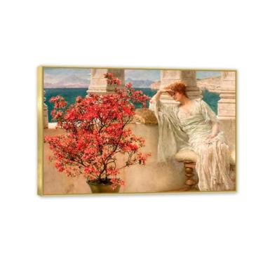 Imagem de MOBYAT Moldura dourada Her Eyes are with Her Thoughts por Lawrence Alma Tadema Prints, reprodução de pintura a óleo, impressão giclée em tela, arte de parede pronta para pendurar para decoração de