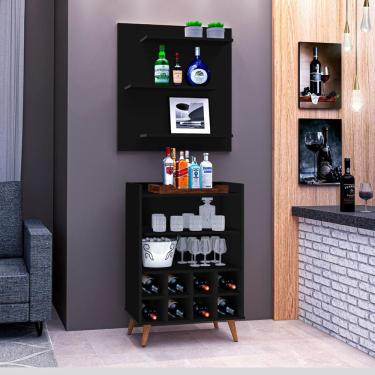 Imagem de Cantinho Bar Paris1 Aparador Buffet e 1 Painel 3 Prateleiras Preto - Rede Móveis