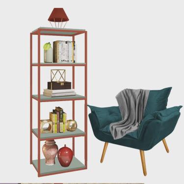 Imagem de Kit Poltrona Fatte com Manta Soft Cinza e Estante Livreiro Ferro Bronze mdf Verde Oliva Suede Azul Turquesa - Ahz Móveis