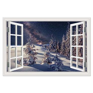 Imagem de Arte de parede em tela de janela aberta. Pintura de paisagem arte de parede em tela de janela aberta Imagens de céu estrelado de pinheiro neve. Arte de cenário para decoração de sala de estar Moldura