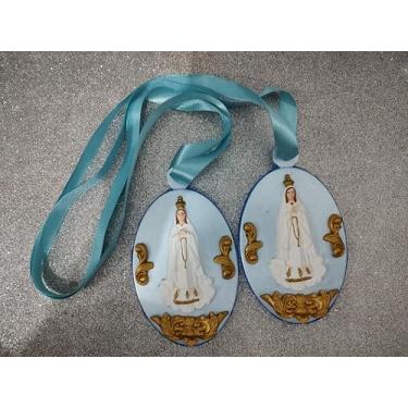 Imagem de Escapulário de Porta Nossa Senhora de Fátima, Oval Azul e Dourado, com Fita Turquesa, 2 Peças