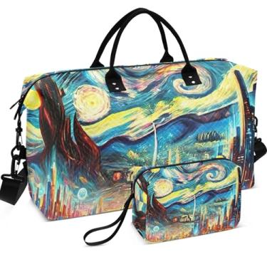 Imagem de Lindas bolsas de viagem com estampa de porco feliz, conjunto de 2 bolsas de higiene pessoal, modernas para mulheres, conjunto de 2 bolsas de viagem de fim de semana, Paisagem urbana noturna estrelada