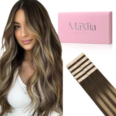 Imagem de MAXITA Extensões De Cabelo Com Fita Adesiva, Humano, 4/27/4, Castanho Chocolate, Loiro Caramelo Misto, Balayage, 14" 25G, 10 Peças, Pontas Grossas, Retas, Sem Costura, Invisíveis, Remy