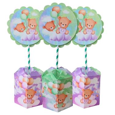 Imagem de Kit 10 Centro De Mesa Decorativo Ursinhos Lilas e Verde Personalização Chá Revelação 30cm Montagem Facil