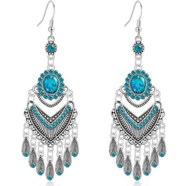 Imagem de Ricarmo Brincos femininos boêmios, vintage, vazado, lustre vazado, pingente, gota, cristal, esmaltado, franja, gancho, para mulheres, 2.44inch, Metal, Sem pedra preciosa