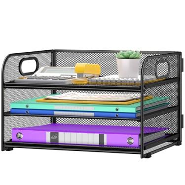 Imagem de Cawukege Organizador de papel de 3 camadas com alça, organizador de mesa de metal, bandeja de papel de malha, pasta de arquivos, classificador de documentos para sala de aula, escola, organização e