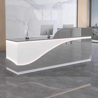 Imagem de Moderno de recepção para escritório, balcão de recepção, recepção da recepção da recepção, balcão de madeira engenharia de madeira com tiras leves para salões de beleza, cinza+branco, 140cm