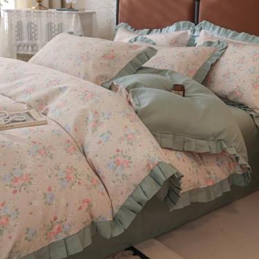 Imagem de Jogo de cama solteiro com babado verde com flores fofas, 100% algodão, renda romântica, para adolescentes, vintage, floral, botânico, conjunto de cama de renda