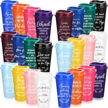 Imagem de Zhehao Copos de café cristãos espanhóis de 473 ml, reutilizáveis, versículo da Bíblia religiosa, copos de plástico a granel com tampas, caneca de viagem para presentes cristãos inspiradores frios e