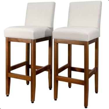 Imagem de Kit 2 Banqueta Para Cozinha De Madeira Maciça Eucalipto Alta Estofada Tecido Linho Para Bancada Montável Jade (LINHO BEGE REF 80)