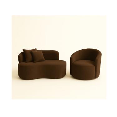 Imagem de Conjunto 01 Poltrona + Sofá Curvo Orgânico Nature Gaia Suede Marrom  - Montanaris Decor