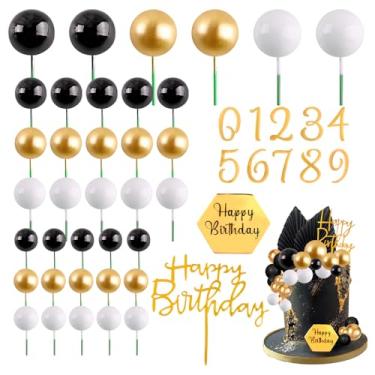 Imagem de MEMOVAN Balls Cake Toppers 48PCS Man Cake Decorations with Black Gold White Ball Happy Birthday and Numbers 0-9 Cake Insert Topper Black Gold Cake Decoration for Man Boy Black Theme Baby Shower Bday