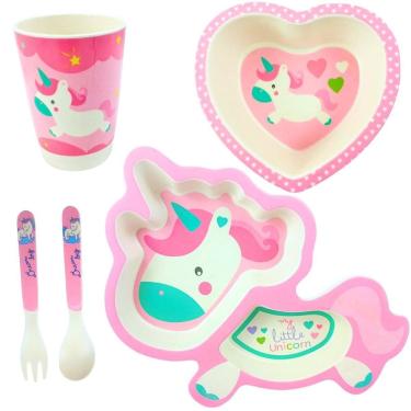 Imagem de Kit Refeição Infantil Rosa Unicórnio Fibra De Bambu Castela