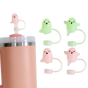 Imagem de 4 peças luminosas de cobertura de palha de Halloween para Stanley Cup, topo de palha fantasma de silicone de 10 mm compatível com copo de 30 e 1,134 g para férias