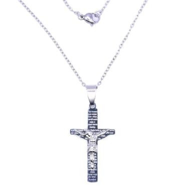 Imagem de Colar Cordão Feminino Crucifixo com Jesus e Oração Pai Nosso em Aço Inox | Pingente 3,5 cm | Corrente 50 cm | Leve, Resistente e Não Escurece