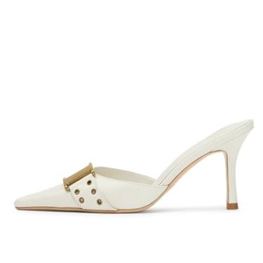 Imagem de DOEYG Salto gatinho preto feminino bico fino elegante salto vintage mules sexy pontudo cravejado stiletto slingback sapatos com fivela, Bege, 41