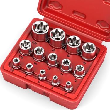 Imagem de SEDY Conjunto de soquetes E-TORX de 14 peças – Conjunto de soquetes Torx fêmea premium, soquetes Torque Star, soquetes Torx externos, E4 E5 E6 E7 E8 E10 E11 E12 E14 E16 E18 E20 E22 E24