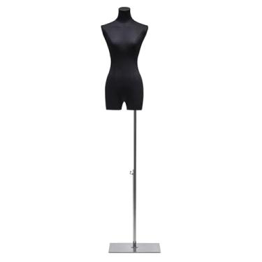 Imagem de Mannequin Torso de manequim com suporte de metal, altura ajustável de 61-77 pol., manequim feminino, revestimento de linho(Black)