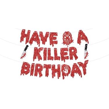 Imagem de Have a Killer Birthday Banner, Halloween Horror Movie Decor, Halloween Bloody Knife Zombie Vampire Slayer Murder Killer Birthday Party Decorations Supplies Red Glitter