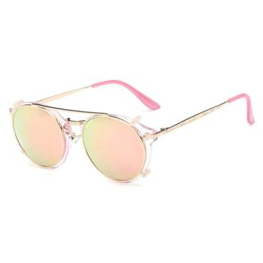 Imagem de Óculos de sol retrô redondos steampunk clip-on para homens e mulheres, lentes duplas removíveis, blackout, transparente, haste oca, rosa, 137 mm