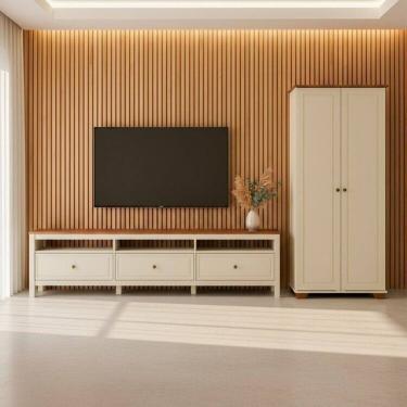 Imagem de Conjunto 2 Peças 1 Rack 210cm, 1 Armário 2 Portas Madeira Maciça Ananda Cabecasa Madeiramadeira Off White/Mel