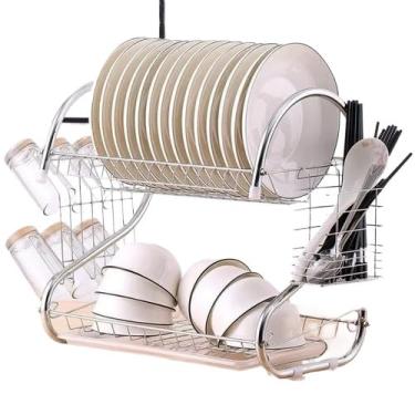 Imagem de Escorredor De Louça Inox 14 Pratos Organizador De Cozinha Escorredor De Talheres Para Pratos E Talheres(Branco)