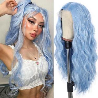 Imagem de Peruca SAPPHIREWIGS azul ondulada 60 cm azul gelo 13  4 de renda front