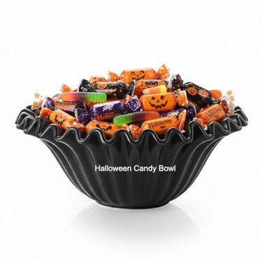 Imagem de KOKUNKA Tigela decorativa grande, tigela de frutas de porcelana para balcão de cozinha, tigela de flores de babados feita à mão para decoração de casa, prato canelado elegante para festa, preto (25,4