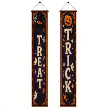 Imagem de BlissYard Bandeiras de varanda de doces ou travessuras 30,5 x 188 cm fantasma assustador abóbora porta banners pendurados para decoração de festa de Halloween para Halloween outono casa varanda