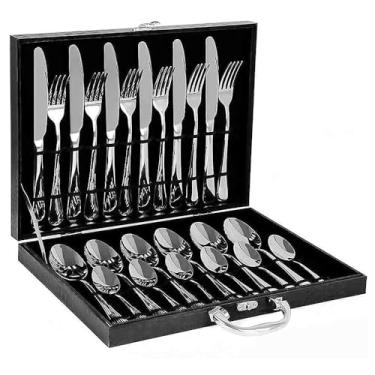 Imagem de Faqueiro Inox Conjunto Talheres 24 Pçs Maleta Madeira Alça