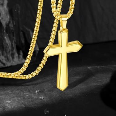 Imagem de Colar masculino banhado a ouro/preto/branco – Corrente de ouro ousado de 40,6 a 56 cm com pingente de cruz, colar de cruz hipoalergênico personalizado não mancha, joias modernas para presentes de