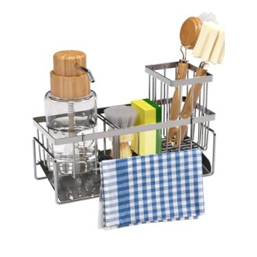 Imagem de Organizador de pia de cozinha com suporte de escova alto, suporte de esponja para pia, inoxidável 304 à prova de ferrugem, organizador de dispensador de sabão de bancada, decoração e acessórios