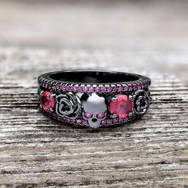 Imagem de Anel de latão de zircão incrustado com crânio de flor preta – Design gótico intrincado com pedras de zircão preto cintilante para homens e mulheres, Zircônia cúbica, Sem pedra preciosa