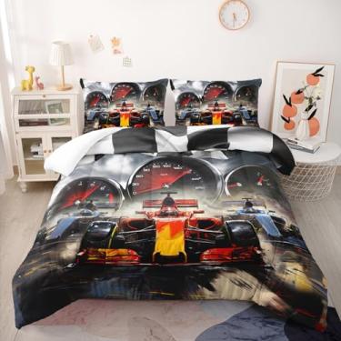 Imagem de Nttopship Conjunto de edredom Queen com estampa de carro de corrida vermelho, bandeira quadriculada, hipódromo de velozes e furiosos, para adolescentes e adultos, com 1 edredom e 2 fronhas