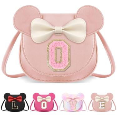 Imagem de izuzta Bolsa infantil para crianças 1 2 3 4 5 6 7 8 anos de idade bonito mouse orelha laço bolsa transversal presente de aniversário, Grande/bolsa rosa/letra rosa, O, O