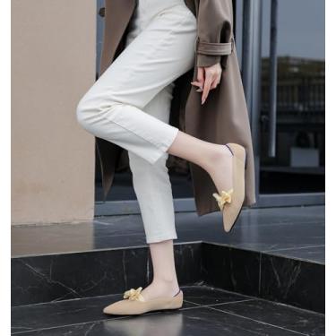 Imagem de Sapatilhas femininas de balé com laço, bico fino, sapatos rasos de malha, confortáveis, casuais, elegantes, de malha, sem cadarço, Bege, 40