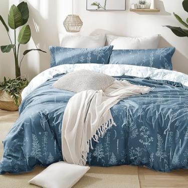 Imagem de Love's cabin Conjunto de edredom Queen cinza azulado – Jogo de cama floral fofo para todas as estações, 1 edredom macio reversível com flores botânicas e 2 fronhas