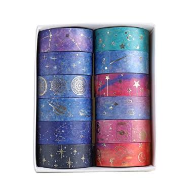 Imagem de Conjunto de adesivos Washi com estampa dourada de flor, céu estrelado colorido, retrô, adesivos decorativos para artes, artesanato, materiais de diário, scrapbook, cartão, embrulho de presente