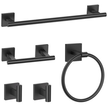 Imagem de TURS Conjunto de acessórios de hardware de banheiro preto fosco de 5 peças, conjunto de barra de toalha de banho de aço inoxidável SUS304, kit de acessórios de banheiro redondo de 61 cm montado na