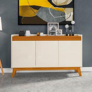 Imagem de Buffet Aparador Ripado Com 3 Portas Monaco 136cm - Off White E Cedro