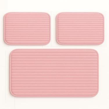 Imagem de Passadeira, Tapete de Cozinha Antiderrapante 3 Peças Antiderrapante Veludo Luxo Canelado, PráTico e VersáTil(Rosa)