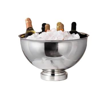 Imagem de Balde de gelo de aço inoxidável bicamada preservação do calor isolamento frio bonito KTV champanhe vinho tinto cerveja gelo bloco de gelo balde comercial (prateado, circular)
